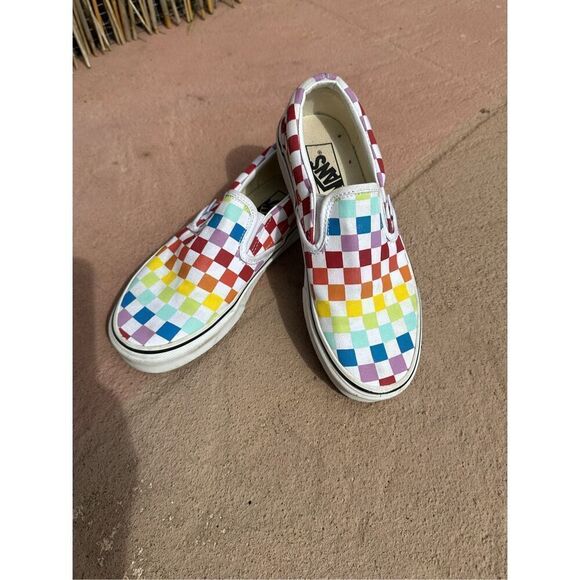 Vans Off The Wall Classic Checkerboard Red Yellow Blue Slip On Skate Shoes  Size - Picture 10 of 10